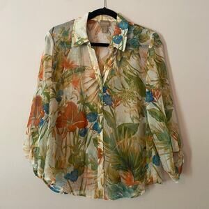 Chico's White Floral Sheer Button Down Shirt Fairycore Women's size 1 / Medium